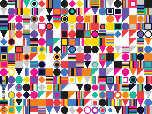 Vibrant geometric pattern with diverse shapes and colors