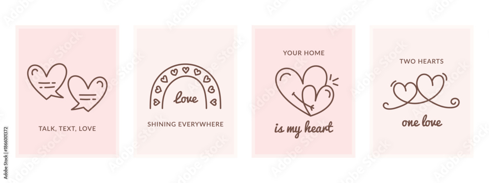 Fototapeta premium Set of four romantic greeting cards with hand drawn hearts and love quotes