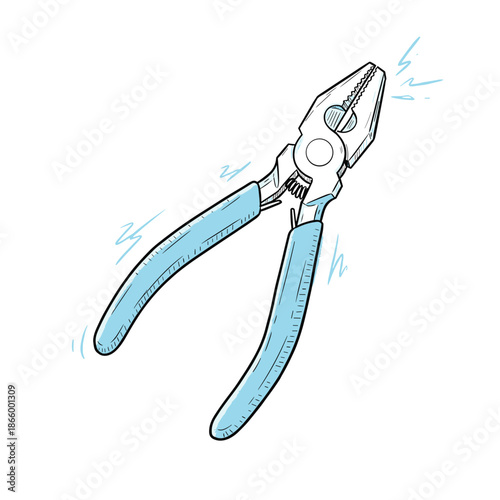 Pliers with blue handles in sketch style on white background  
