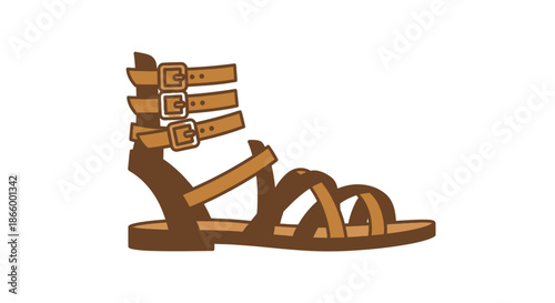 Detailed Illustration of a Brown Leather Gladiator Sandal.