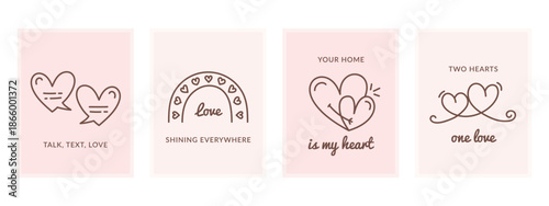 Set of four romantic greeting cards with hand drawn hearts and love quotes