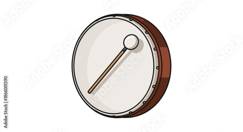 Hand-drawn illustration of a traditional bodhrán drum with a beater.