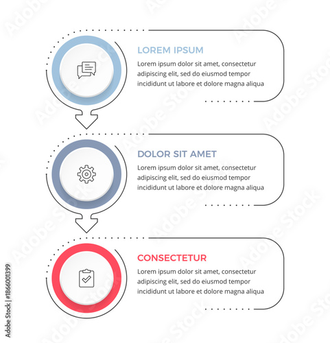 Vertical three step process infographic with circular elements connected by arrows, showing a sequential process or workflow
