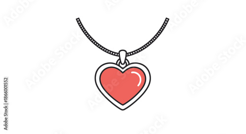 A simple cartoon illustration of a red heart-shaped pendant with a silver border on a chain necklace.