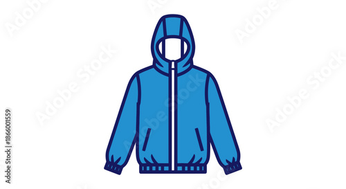 Blue hooded jacket with zipper and pockets simple illustration.