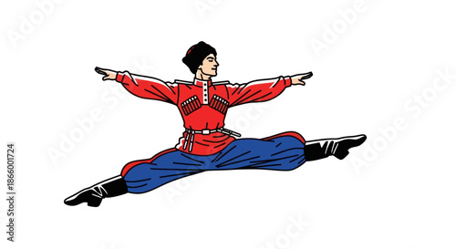 Dynamic Male Folk Dancer in Traditional Costume Performing Split Jump.
