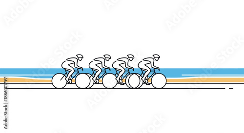 Cyclists Riding in a Group Line Art Illustration.