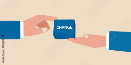Hands exchanging a blue card with the word change on it