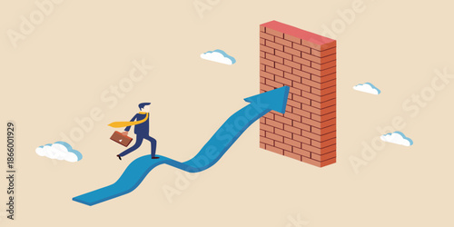 Overcoming obstacles a businessman climbs a path towards a brick wall