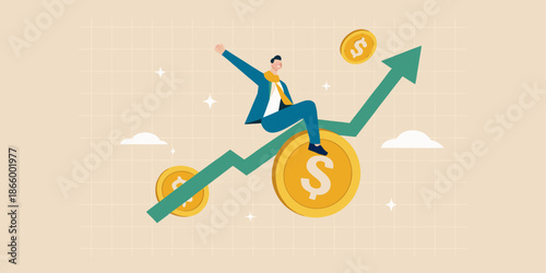 A man rides an arrow pointing upwards with coins symbolizing financial growth