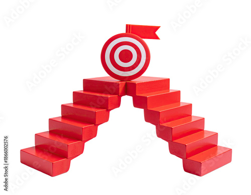 A red staircase formation leading to a bullseye target with a flag on black background