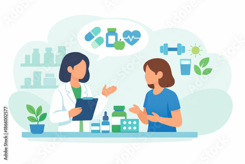 Helpful female pharmacist offering advice to patient about medication and healthy lifestyle choices for wellness including exercise water and sun care in modern pharmacy store consultation