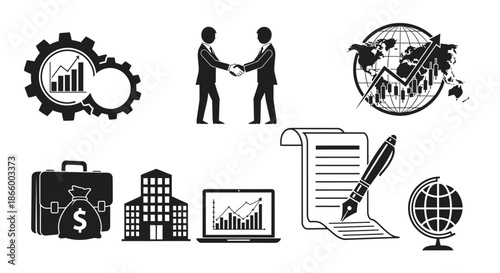 Business and Finance Icons Set: Global Analytics, Partnership, Investment, Corporate Strategy, and Documentation Concepts