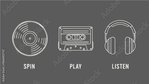 Music Experience Infographic: Vinyl Record (Spin), Cassette Tape (Play), and Headphones (Listen) with White Outline Icons on Dark Grey Background
