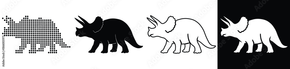 Obraz premium Four stylized triceratops dinosaurs in grayscale and silhouette