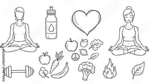 Women practicing yoga surrounded by healthy food and fitness elements in a serene environment