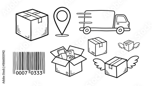 Delivery truck transporting packages with various boxes and a barcode label at a location marked on a map