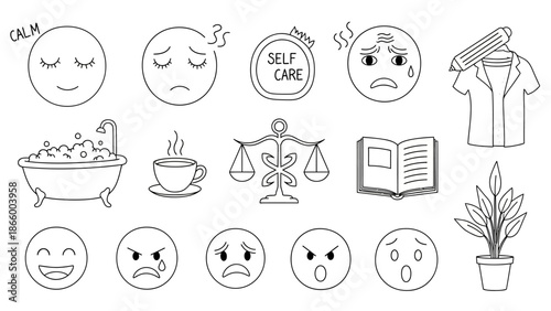 Simple illustrations of self-care and emotional expressions in a minimalist style