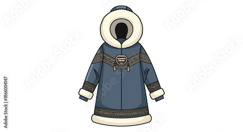 Illustrated blue winter parka with a thick white fur-lined hood cuffs and hem.