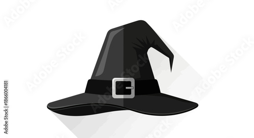 Classic black witch hat with a silver buckle illustrated in a modern flat design style with a long shadow.