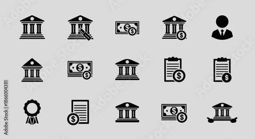 Financial and Banking Icons Set with Bank, Money, Document, and Business Symbols. Ideal for Finance, Investment, and Economic Concepts.