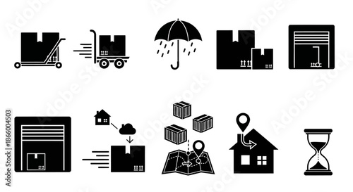 Logistics and Shipping Icons Set. E-commerce delivery, global distribution, warehouse, parcel tracking, transportation, and supply chain.