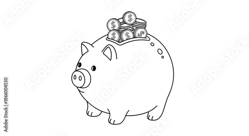 Black and white line art illustration of a piggy bank with dollar coins, representing saving money, finance, and investment concept.