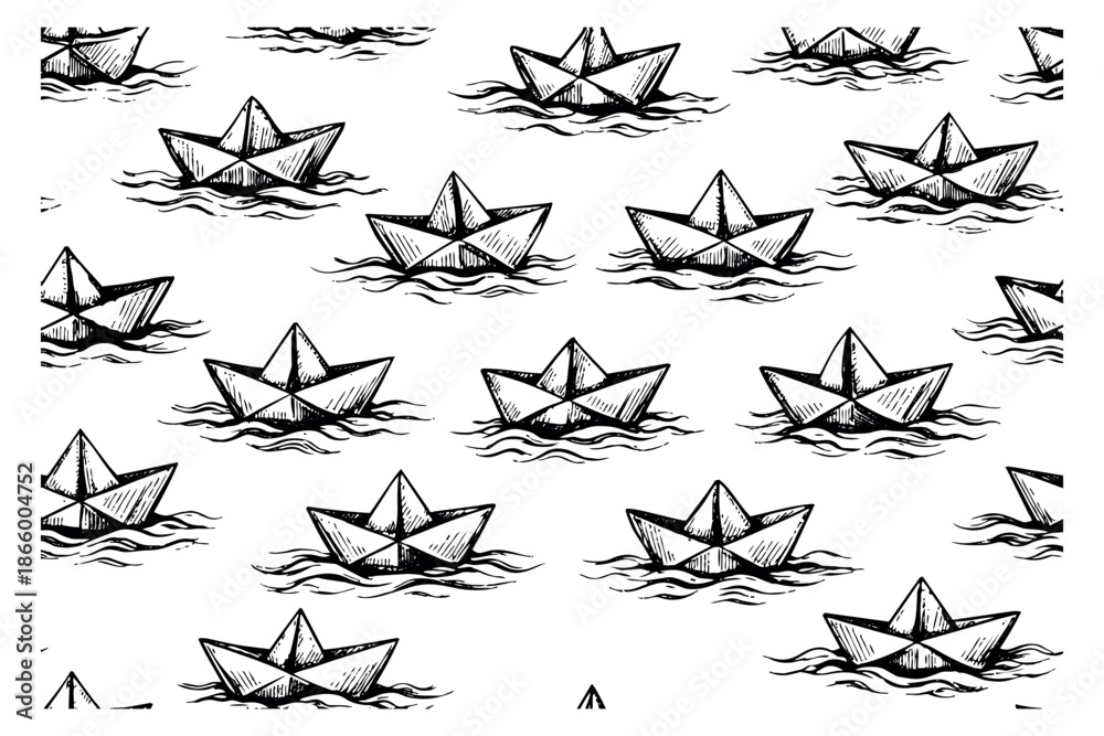 Fototapeta premium Hand drawn line art seamless pattern featuring paper boats floating on waves for summer and children's designs