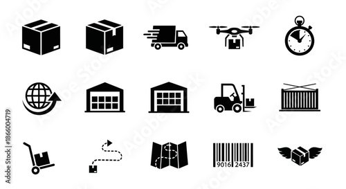 Logistics and Shipping Icons Set: Delivery, Transportation, Supply Chain, Warehouse, Drone, Tracking, and Global Freight Management
