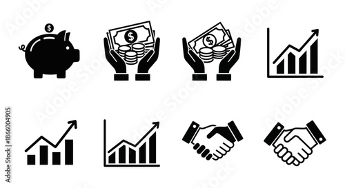 Business and finance icon set with money, savings, investment, upward growth charts, and handshake partnership symbols