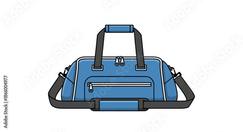 Stylish blue duffel bag with black straps and a front zipper pocket vector illustration.