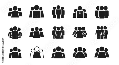 People Group Icons Set. Diverse silhouettes representing teams, users, and community. Vector symbols for social networks & business.