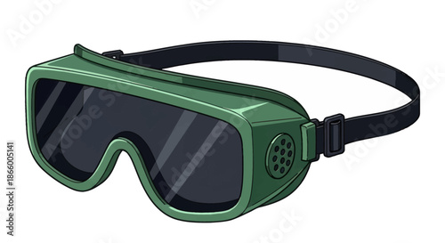 Green industrial safety goggles with dark lenses and an adjustable strap.