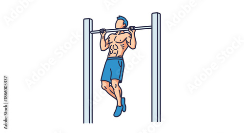 Athletic Man Performing Pull-Up Exercise on Horizontal Bar.