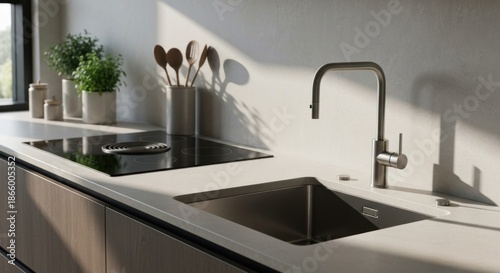 Modern kitchen countertop with stainless steel sink, faucet, and induction cooktop