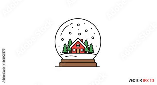 Festive Snow Globe with Red House and Pine Trees Winter Scene.