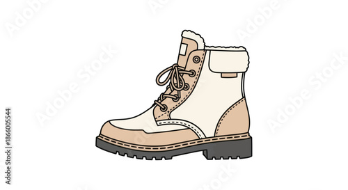 Detailed Illustration of a Rugged Beige and White Lace-Up Hiking Boot.