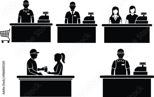 Black and White Silhouette Illustrations of Cashiers and Customers in Various Retail and Service Scenarios with Counters and Registers
