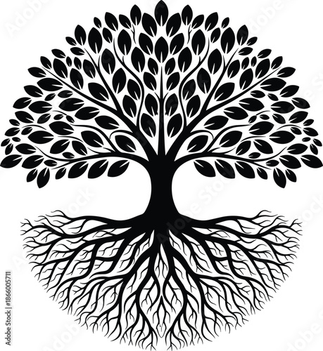 Tableau sur toile Black Silhouette Illustration of a Symmetrical Tree with Intricate Branches and