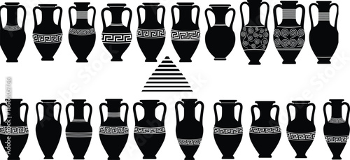 Black Silhouette Illustrations of Twenty Amphora Vases with Unique Geometric Patterns and Central Triangle Design in Decorative Style