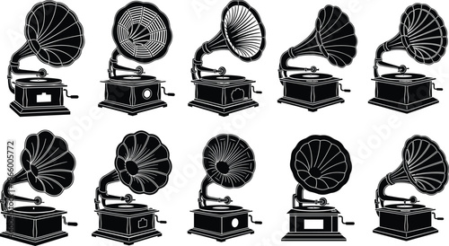 Black Silhouette Illustrations of Ten Vintage Gramophones with Distinct Horn Designs and Turntables in Retro Audio Equipment Style