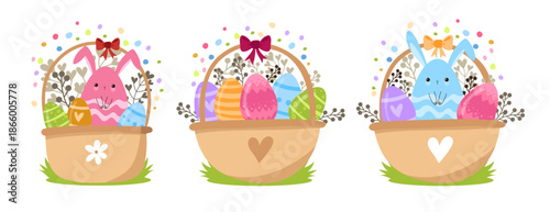 Set of three Easter baskets with colorful decorated eggs, cute bunny ears, and spring botanical elements on white background.