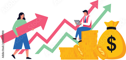 Business people analyzing financial growth with upward arrows, coins, and money bag symbolizing investment success, profit increase, and economic progress.