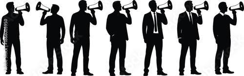 Business people silhouettes holding megaphones in row, symbolizing communication, leadership, marketing, teamwork, corporate messaging, and public announcement concept
