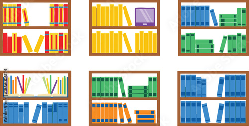 Colorful Bookshelves with Varied Arrangements of Multicolored Books and Tablet Displayed in a Library or Study Room Interior for Education Concept
