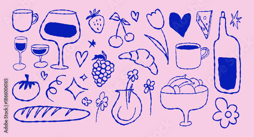 Vector hand drawn quirky doodle illustration, wine party, menu bar cover, party invitation banner