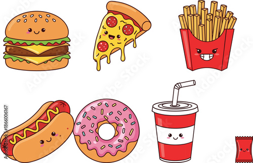 Cute Cartoon Fast Food Characters with Smiling Faces – Whimsical Vector Set Featuring Pizza, Burger, Donut, Soda, and More