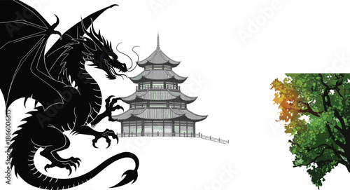 Fantasy scene with dragon silhouette, East Asian pagoda, and sunlit tree blending mythology, architecture, and nature symbolism