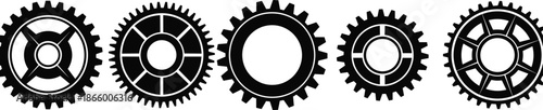 Five black gear icons in horizontal layout with varied tooth counts and internal patterns on white background for engineering design