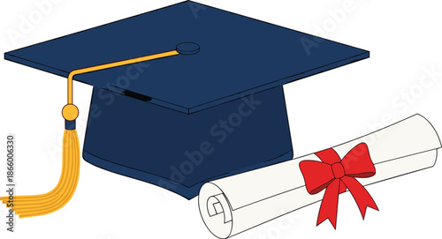 Graduation cap and diploma scroll symbolizing academic achievement, successful completion of studies, and educational milestone celebration.